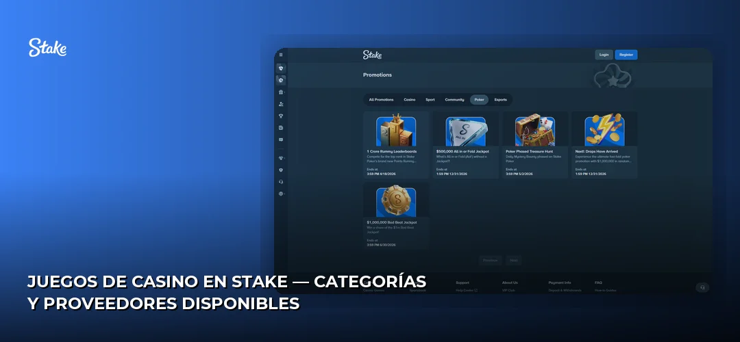 Juegos de casino en Stake — categorías y proveedores disponibles